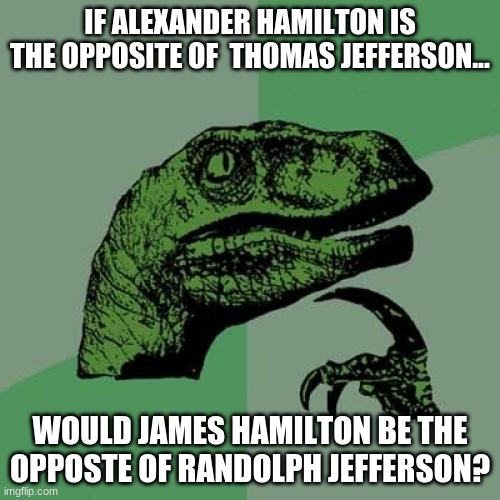 ? | IF ALEXANDER HAMILTON IS THE OPPOSITE OF  THOMAS JEFFERSON... WOULD JAMES HAMILTON BE THE OPPOSTE OF RANDOLPH JEFFERSON? | image tagged in memes,philosoraptor | made w/ Imgflip meme maker