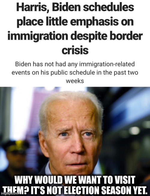 Joe Biden homemade border surge | WHY WOULD WE WANT TO VISIT THEM? IT’S NOT ELECTION SEASON YET. | image tagged in joe biden,illegal immigration,illegal aliens,border,memes,democrats | made w/ Imgflip meme maker