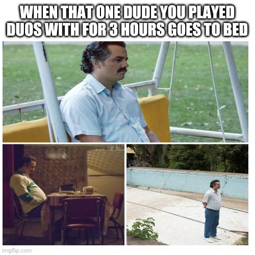 WHEN THAT ONE DUDE YOU PLAYED DUOS WITH FOR 3 HOURS GOES TO BED | image tagged in homies | made w/ Imgflip meme maker