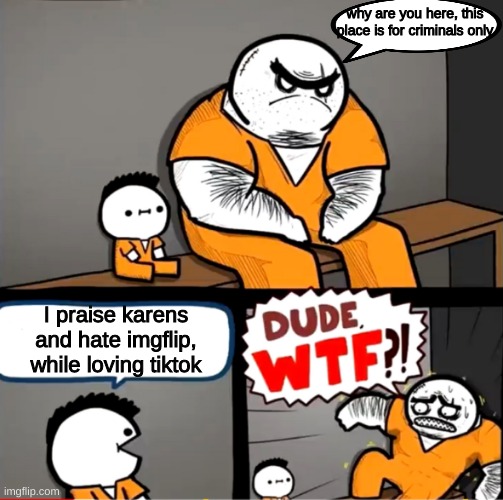 to much bad | why are you here, this place is for criminals only; I praise karens and hate imgflip, while loving tiktok | image tagged in surprised bulky prisoner | made w/ Imgflip meme maker