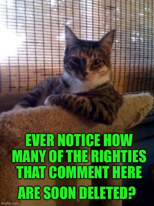 And the frequent commenters are so frigging predictable that I don’t even feel like I should reply anymore | EVER NOTICE HOW MANY OF THE RIGHTIES THAT COMMENT HERE; ARE SOON DELETED? | image tagged in memes,the most interesting cat in the world | made w/ Imgflip meme maker