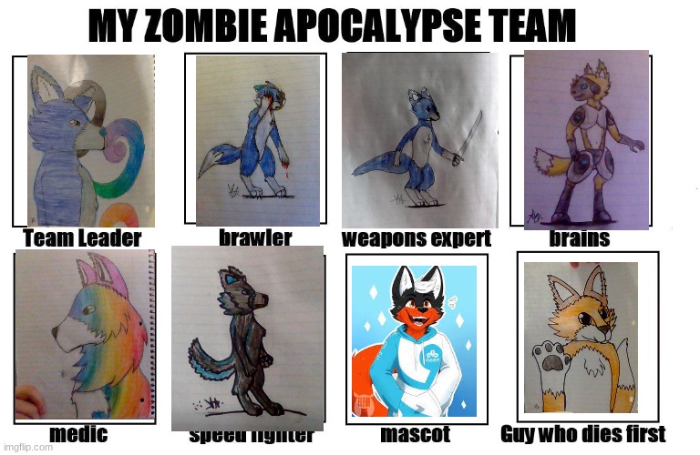 All my art (except for the mascot) | image tagged in my zombie apocalypse team,furries | made w/ Imgflip meme maker