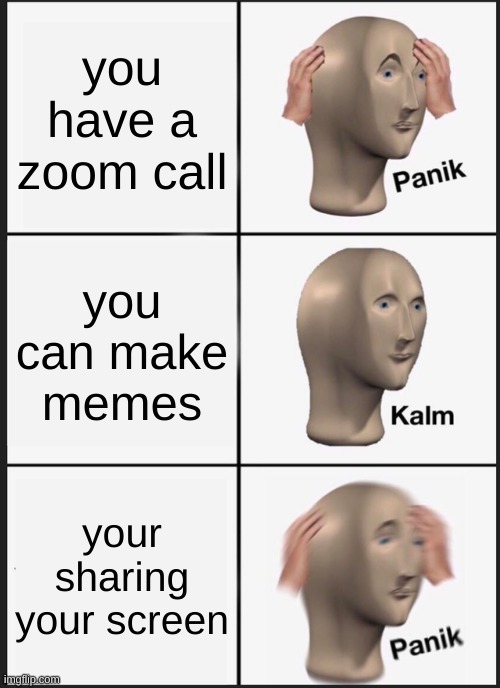 panik | you have a zoom call; you can make memes; your sharing your screen | image tagged in memes,panik kalm panik,meme man | made w/ Imgflip meme maker