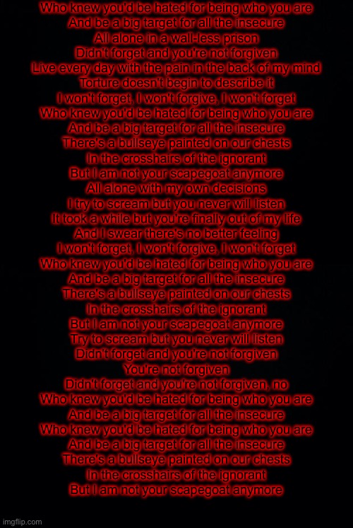 Who knew you'd be hated for being who you are
And be a big target for all the insecure
All alone in a wall-less prison
Didn't forget and you're not forgiven
Live every day with the pain in the back of my mind
Torture doesn't begin to describe it
I won't forget, I won't forgive, I won't forget
Who knew you'd be hated for being who you are
And be a big target for all the insecure
There's a bullseye painted on our chests
In the crosshairs of the ignorant
But I am not your scapegoat anymore
All alone with my own decisions
I try to scream but you never will listen
It took a while but you're finally out of my life
And I swear there's no better feeling
I won't forget, I won't forgive, I won't forget
Who knew you'd be hated for being who you are
And be a big target for all the insecure
There's a bullseye painted on our chests
In the crosshairs of the ignorant
But I am not your scapegoat anymore
Try to scream but you never will listen
Didn't forget and you're not forgiven
You're not forgiven
Didn't forget and you're not forgiven, no
Who knew you'd be hated for being who you are
And be a big target for all the insecure
Who knew you'd be hated for being who you are
And be a big target for all the insecure
There's a bullseye painted on our chests
In the crosshairs of the ignorant
But I am not your scapegoat anymore | image tagged in black background | made w/ Imgflip meme maker