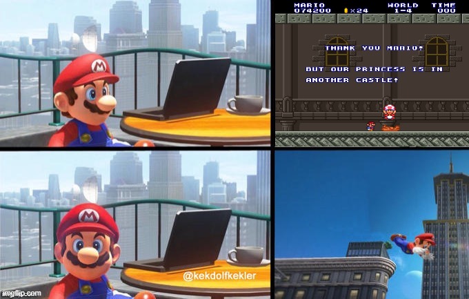 E | image tagged in mario jumps off of a building | made w/ Imgflip meme maker