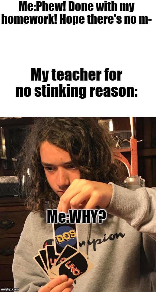 My teacher for LITERALLY NO REASON. | Me:Phew! Done with my homework! Hope there's no m-; My teacher for no stinking reason:; Me:WHY? | image tagged in blank white template,uno dos,w h y | made w/ Imgflip meme maker