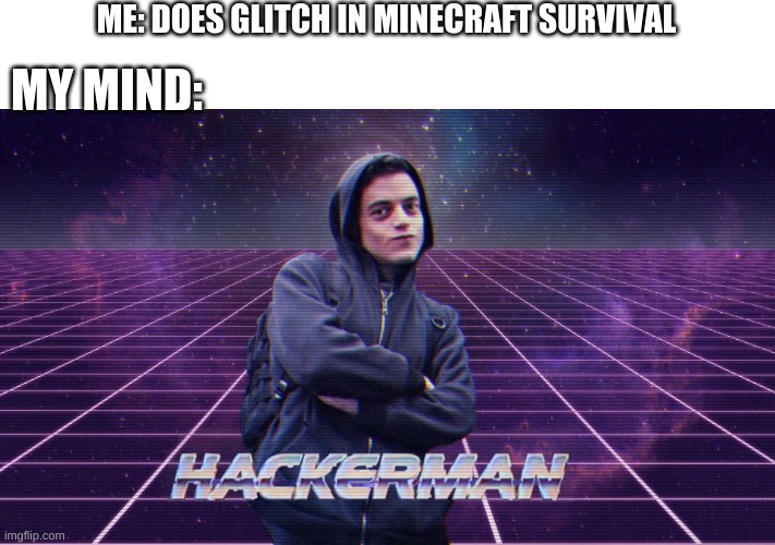 when you do a minecraft glitch | ME: DOES GLITCH IN MINECRAFT SURVIVAL; MY MIND: | image tagged in gaming | made w/ Imgflip meme maker