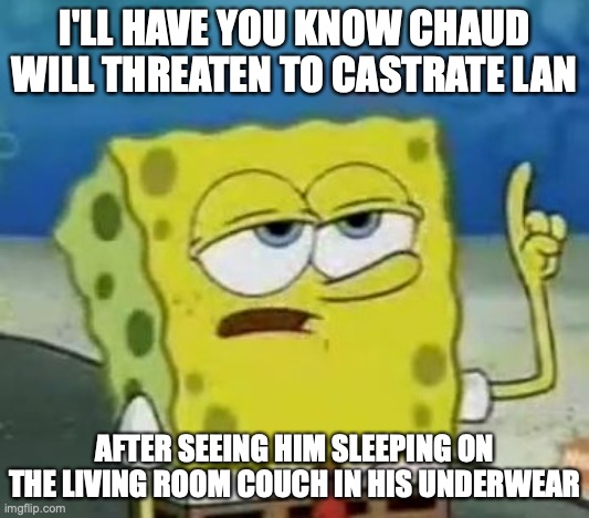Lan in the Living Room | I'LL HAVE YOU KNOW CHAUD WILL THREATEN TO CASTRATE LAN; AFTER SEEING HIM SLEEPING ON THE LIVING ROOM COUCH IN HIS UNDERWEAR | image tagged in memes,i'll have you know spongebob,megaman battle network,lan hikari,eugene chaud,megaman | made w/ Imgflip meme maker