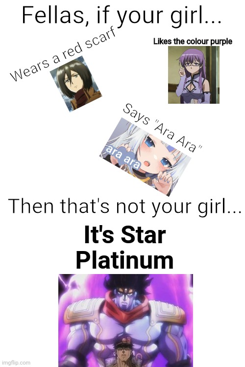 Blank White Template |  Fellas, if your girl... Wears a red scarf; Likes the colour purple; Says "Ara Ara"; Then that's not your girl... It's Star Platinum | image tagged in if your girl meme,star platinum,e,bruh,meme,memes | made w/ Imgflip meme maker