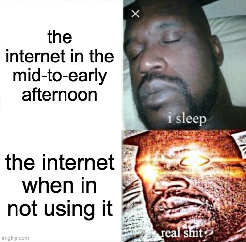 its so true take discord for example | the internet in the mid-to-early afternoon; the internet when in not using it | image tagged in memes,sleeping shaq | made w/ Imgflip meme maker