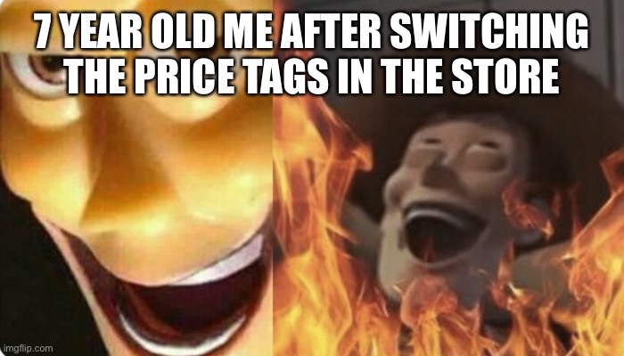 Evil Woody | 7 YEAR OLD ME AFTER SWITCHING THE PRICE TAGS IN THE STORE | image tagged in evil woody | made w/ Imgflip meme maker