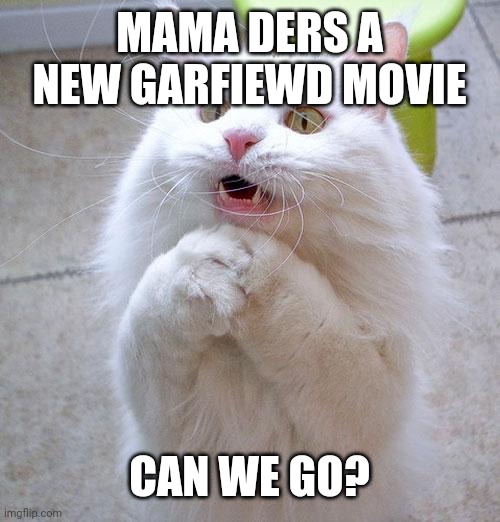 Begging Cat | MAMA DERS A NEW GARFIEWD MOVIE; CAN WE GO? | image tagged in begging cat | made w/ Imgflip meme maker