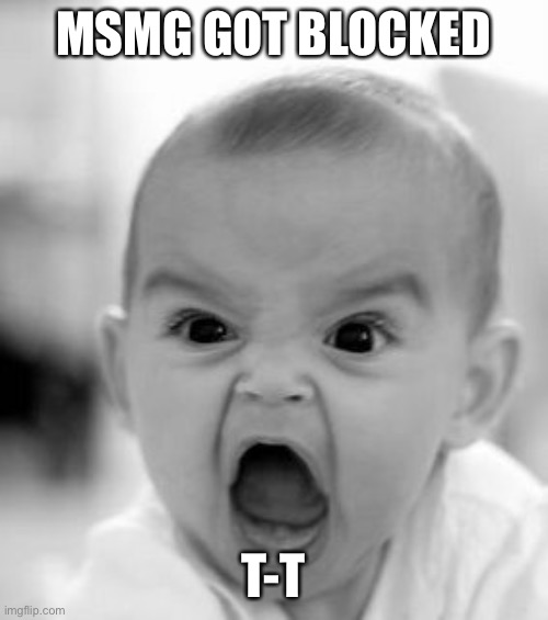 ;-; | MSMG GOT BLOCKED; T-T | image tagged in memes,angry baby | made w/ Imgflip meme maker