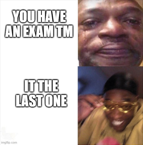 yay | YOU HAVE AN EXAM TM; IT THE LAST ONE | image tagged in sad happy | made w/ Imgflip meme maker