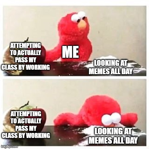 elmo cocaine | ME; ATTEMPTING TO ACTUALLY PASS MY CLASS BY WORKING; LOOKING AT MEMES ALL DAY; ATTEMPTING TO ACTUALLY PASS MY CLASS BY WORKING; LOOKING AT MEMES ALL DAY | image tagged in elmo cocaine | made w/ Imgflip meme maker