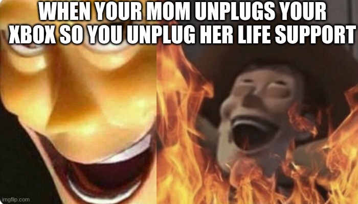 Bog oof | WHEN YOUR MOM UNPLUGS YOUR XBOX SO YOU UNPLUG HER LIFE SUPPORT | image tagged in evil woody | made w/ Imgflip meme maker