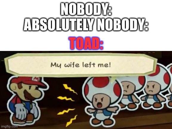 Rude Toad |  NOBODY:
ABSOLUTELY NOBODY:; TOAD: | image tagged in paper mario,mario,train,toad | made w/ Imgflip meme maker