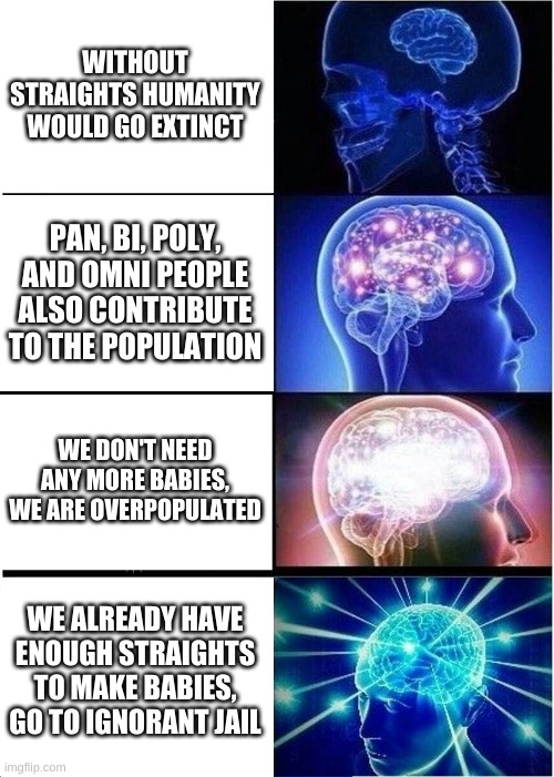 WITHOUT STRAIGHTS HUMANITY WOULD GO EXTINCT PAN, BI, POLY, AND OMNI PEOPLE ALSO CONTRIBUTE TO THE POPULATION WE DON'T NEED ANY MORE BABIES,  | image tagged in memes,expanding brain | made w/ Imgflip meme maker