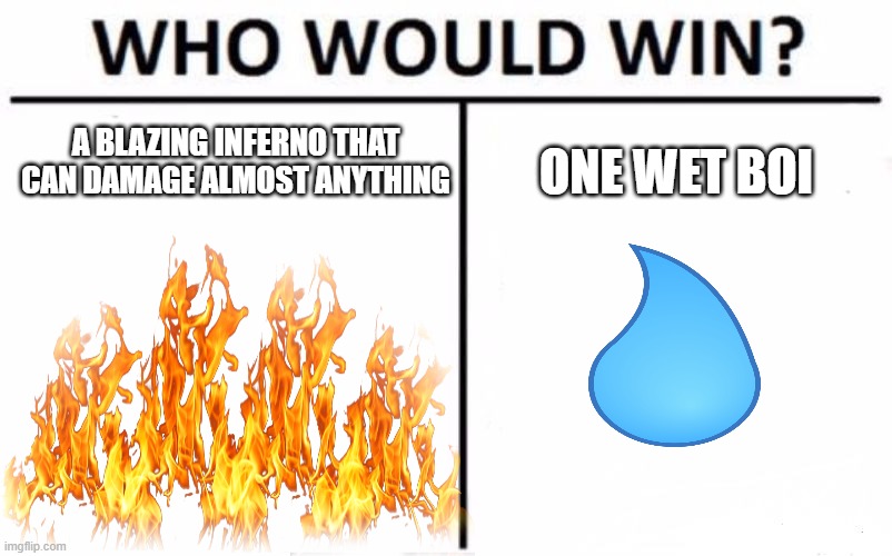 A BLAZING INFERNO THAT CAN DAMAGE ALMOST ANYTHING; ONE WET BOI | image tagged in who would win | made w/ Imgflip meme maker