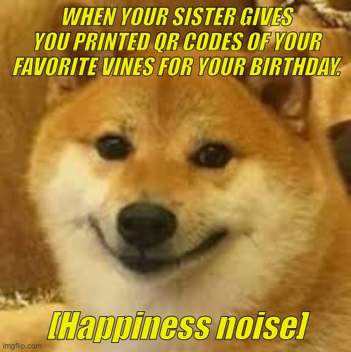 Best present ever. | WHEN YOUR SISTER GIVES YOU PRINTED QR CODES OF YOUR FAVORITE VINES FOR YOUR BIRTHDAY. | image tagged in shibe,happy birthday,happy | made w/ Imgflip meme maker