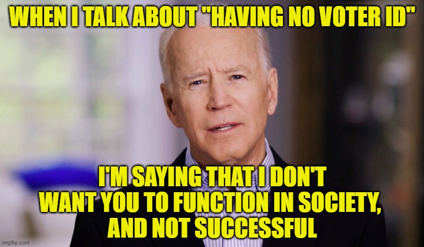 Joe Biden 2020 | WHEN I TALK ABOUT "HAVING NO VOTER ID"; I'M SAYING THAT I DON'T WANT YOU TO FUNCTION IN SOCIETY, 
AND NOT SUCCESSFUL | image tagged in joe biden 2020 | made w/ Imgflip meme maker