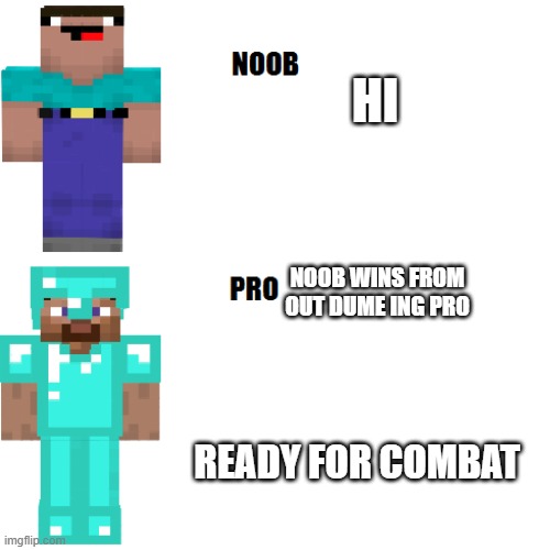 Noob vs. pro | HI; NOOB WINS FROM OUT DUME ING PRO; READY FOR COMBAT | image tagged in noob vs pro | made w/ Imgflip meme maker