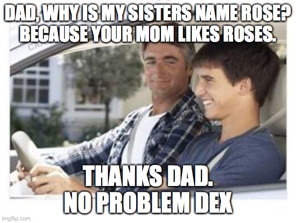 Dad why is my sisters name | DAD, WHY IS MY SISTERS NAME ROSE?
BECAUSE YOUR MOM LIKES ROSES. THANKS DAD.
NO PROBLEM DEX | image tagged in dad why is my sisters name | made w/ Imgflip meme maker