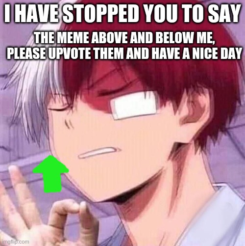 be kind and make a change | THE MEME ABOVE AND BELOW ME, PLEASE UPVOTE THEM AND HAVE A NICE DAY; I HAVE STOPPED YOU TO SAY | image tagged in todoroki | made w/ Imgflip meme maker