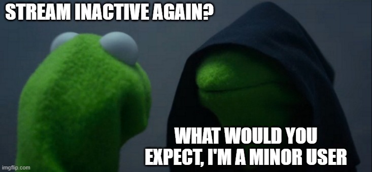 Cha Cha, that's no good | STREAM INACTIVE AGAIN? WHAT WOULD YOU EXPECT, I'M A MINOR USER | image tagged in memes,evil kermit,minor | made w/ Imgflip meme maker