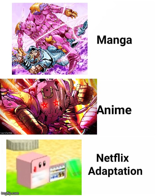 Manga, Anime, Netflix adaption | image tagged in manga anime netflix adaption | made w/ Imgflip meme maker
