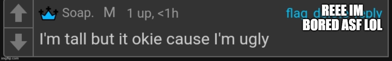 Bc I'm ugly | REEE IM BORED ASF LOL | image tagged in bc i'm ugly | made w/ Imgflip meme maker