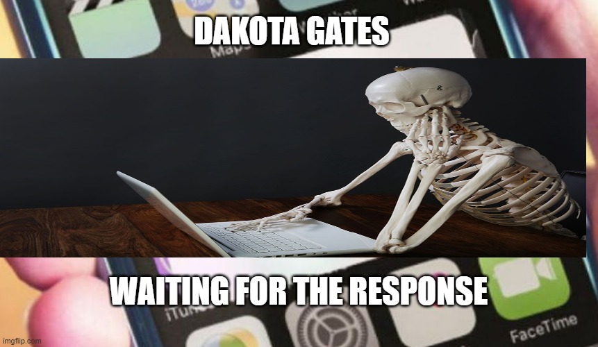 Dakota Waiting | DAKOTA GATES; WAITING FOR THE RESPONSE | image tagged in waiting skeleton | made w/ Imgflip meme maker