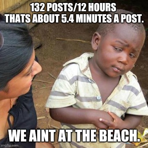Third World Skeptical Kid Meme | 132 POSTS/12 HOURS  THATS ABOUT 5.4 MINUTES A POST. WE AINT AT THE BEACH. | image tagged in memes,third world skeptical kid | made w/ Imgflip meme maker