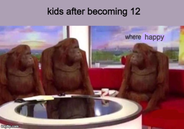 Where banana blank | kids after becoming 12; happy | image tagged in where banana blank | made w/ Imgflip meme maker