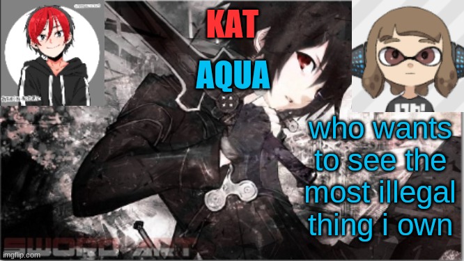 katxaqua | who wants to see the most illegal thing i own | image tagged in katxaqua | made w/ Imgflip meme maker