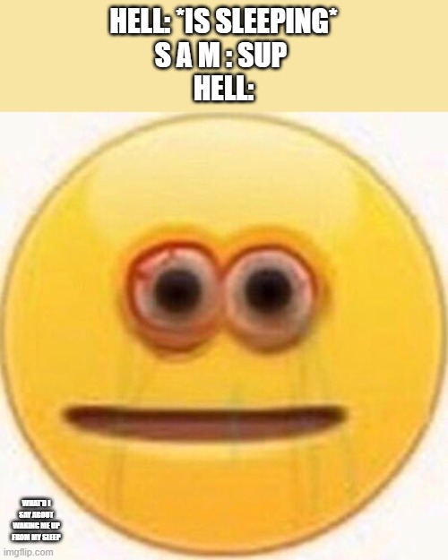 Cursed Emoji | HELL: *IS SLEEPING*
S A M : SUP 
HELL:; WHAT'D I SAY ABOUT WAKING ME UP FROM MY SLEEP | image tagged in cursed emoji | made w/ Imgflip meme maker