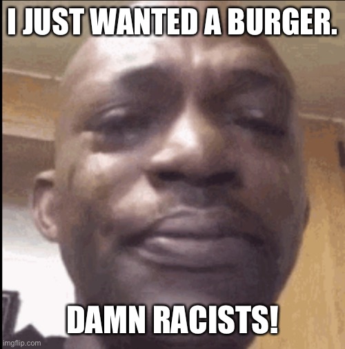 Crying black dude | I JUST WANTED A BURGER. DAMN RACISTS! | image tagged in crying black dude | made w/ Imgflip meme maker