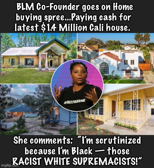 It was ONLY $1.4 million      •      <neverwoke> | BLM Co-Founder goes on Home buying spree...Paying cash for 
latest $1.4 Million Cali house. She comments:  “I’m scrutinized
 because I’m Black — those 
RACIST WHITE SUPREMACISTS!” | image tagged in racist,blm,demonrats,ninety million,ninety millions | made w/ Imgflip meme maker