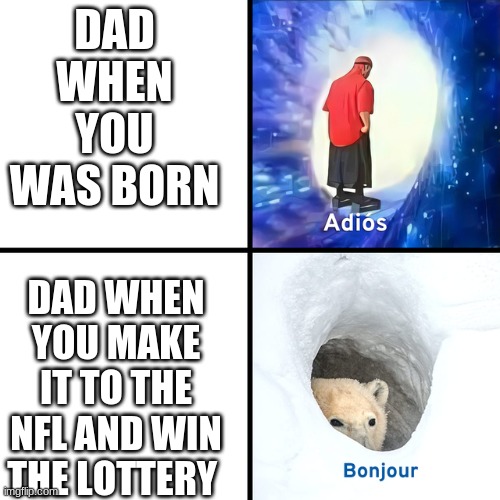 Adios Bonjour | DAD WHEN YOU WAS BORN; DAD WHEN YOU MAKE IT TO THE NFL AND WIN THE LOTTERY | image tagged in adios bonjour | made w/ Imgflip meme maker