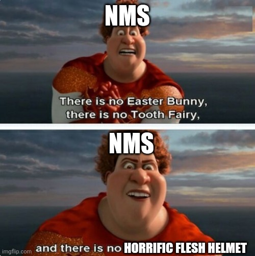 TIGHTEN MEGAMIND "THERE IS NO EASTER BUNNY" | NMS; NMS; HORRIFIC FLESH HELMET | image tagged in tighten megamind there is no easter bunny | made w/ Imgflip meme maker