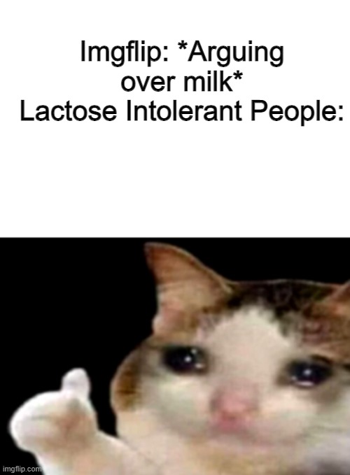 They can't have milk, not hating the milk though. | Imgflip: *Arguing over milk*
Lactose Intolerant People: | image tagged in sad cat thumbs up white spacing | made w/ Imgflip meme maker
