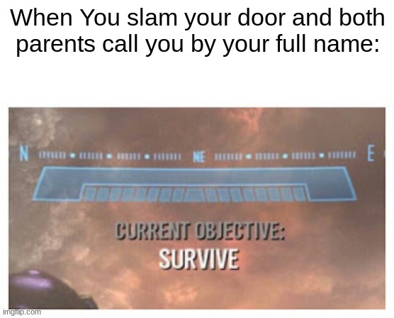 S u r v i v e | When You slam your door and both parents call you by your full name: | image tagged in current objective survive,funny,memes | made w/ Imgflip meme maker