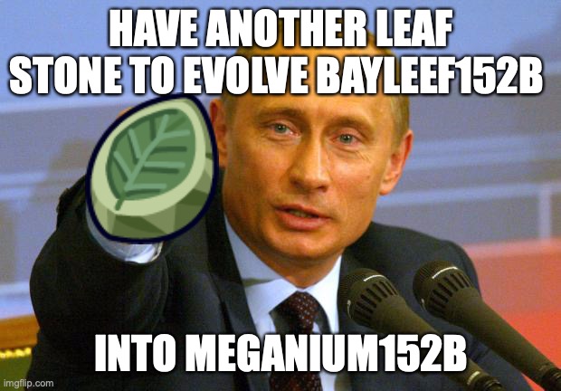 Good Guy Putin Meme | HAVE ANOTHER LEAF STONE TO EVOLVE BAYLEEF152B INTO MEGANIUM152B | image tagged in memes,good guy putin | made w/ Imgflip meme maker