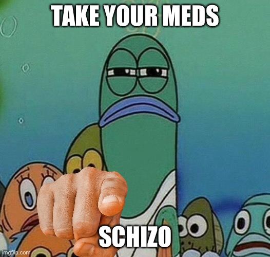 SpongeBob | TAKE YOUR MEDS; SCHIZO | image tagged in spongebob | made w/ Imgflip meme maker