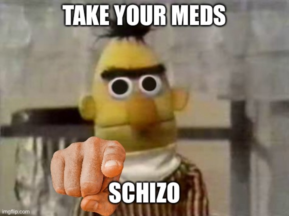 Bert Stare | TAKE YOUR MEDS; SCHIZO | image tagged in bert stare | made w/ Imgflip meme maker