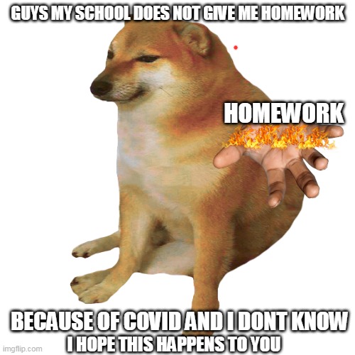 cheems | GUYS MY SCHOOL DOES NOT GIVE ME HOMEWORK; HOMEWORK; BECAUSE OF COVID AND I DONT KNOW; I HOPE THIS HAPPENS TO YOU | image tagged in cheems | made w/ Imgflip meme maker