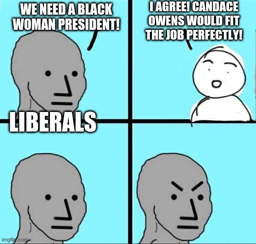 If Candace ever does run for president and liberals insult her, That means we get to call them racist sexists! | I AGREE! CANDACE OWENS WOULD FIT THE JOB PERFECTLY! WE NEED A BLACK WOMAN PRESIDENT! LIBERALS | image tagged in npc meme | made w/ Imgflip meme maker