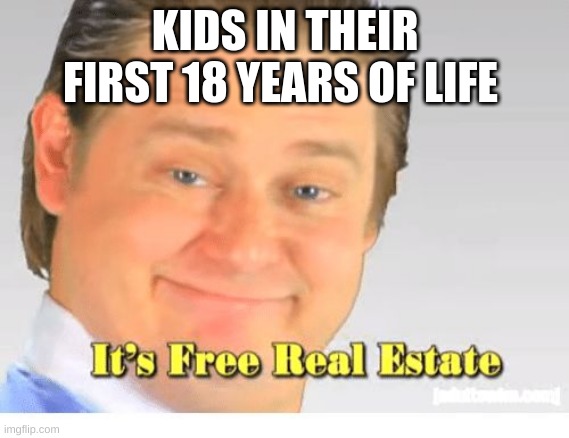 18 years and your out | KIDS IN THEIR FIRST 18 YEARS OF LIFE | image tagged in it's free real estate | made w/ Imgflip meme maker