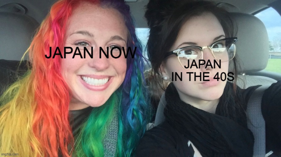 Rainbow girl and goth girl | JAPAN IN THE 40S; JAPAN NOW | image tagged in rainbow girl and goth girl,yes | made w/ Imgflip meme maker