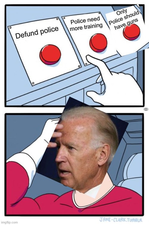 Biden buttons | Only Police should have guns; Police need more training; Defund police; DEMOCRATS | image tagged in memes,two buttons | made w/ Imgflip meme maker